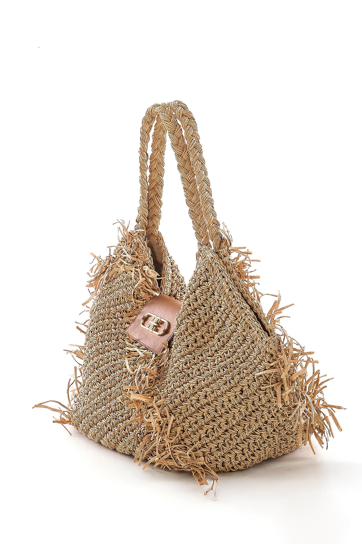 Deri Gold Metal  Aksesuarlı El Örgü Plaj Günlük Çanta.