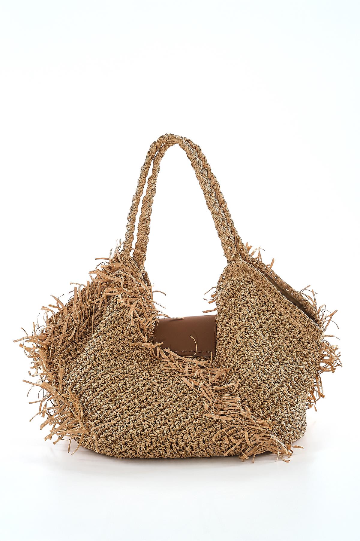 Deri Gold Metal  Aksesuarlı El Örgü Plaj Günlük Çanta.