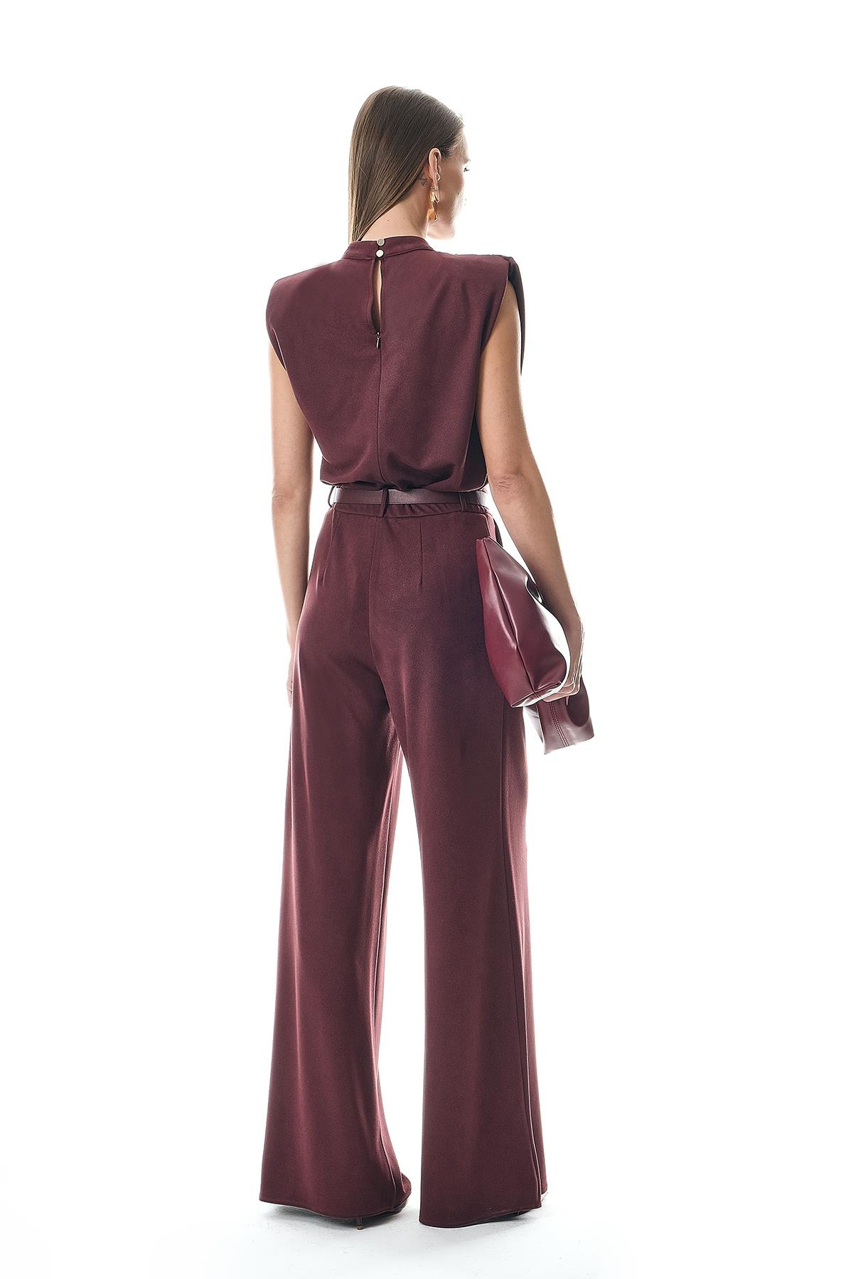 Deri Kemerli Çift Pili Detaylı Süet Pantolon