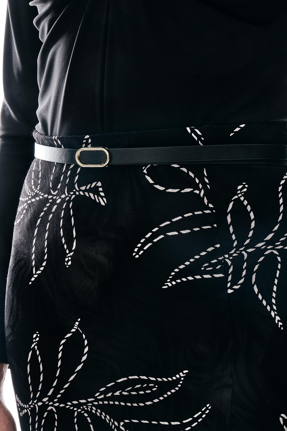 Deri Kemerli Desenli Jakar Midi Etek