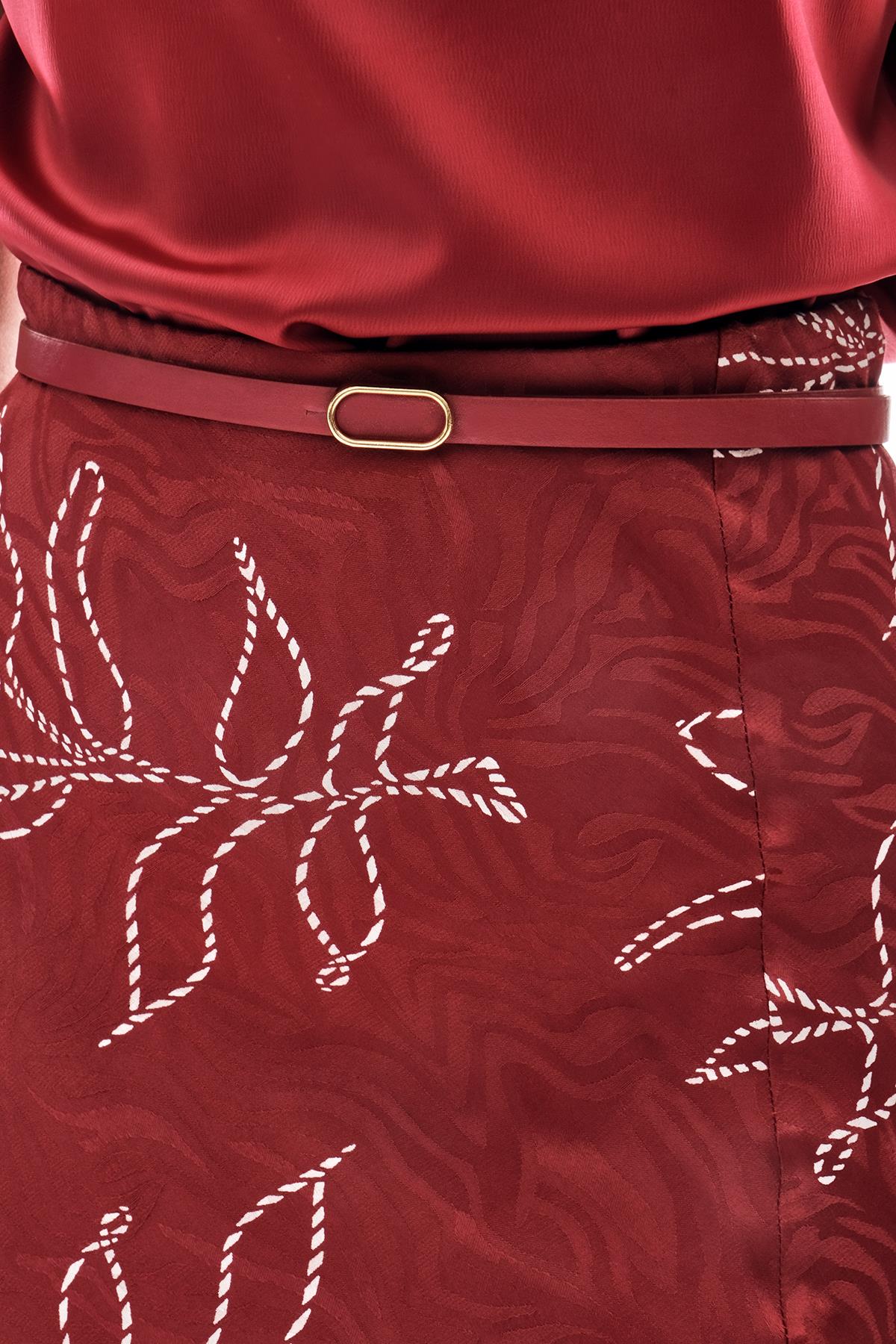 Deri Kemerli Desenli Jakar Midi Etek