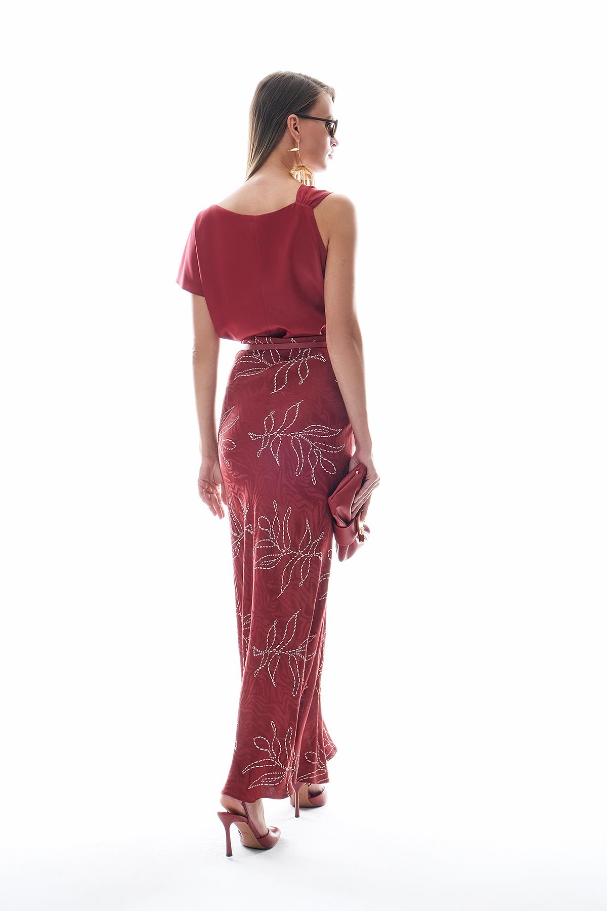 Deri Kemerli Desenli Jakar Midi Etek