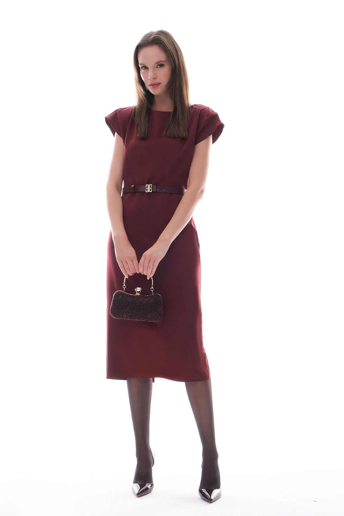 Deri Kemerli Kolu Drapeli Klasik Elbise