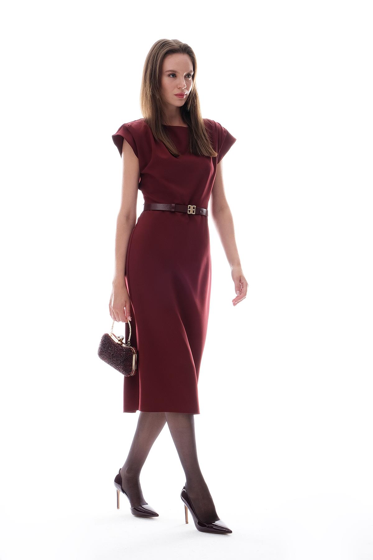 Deri Kemerli Kolu Drapeli Klasik Elbise