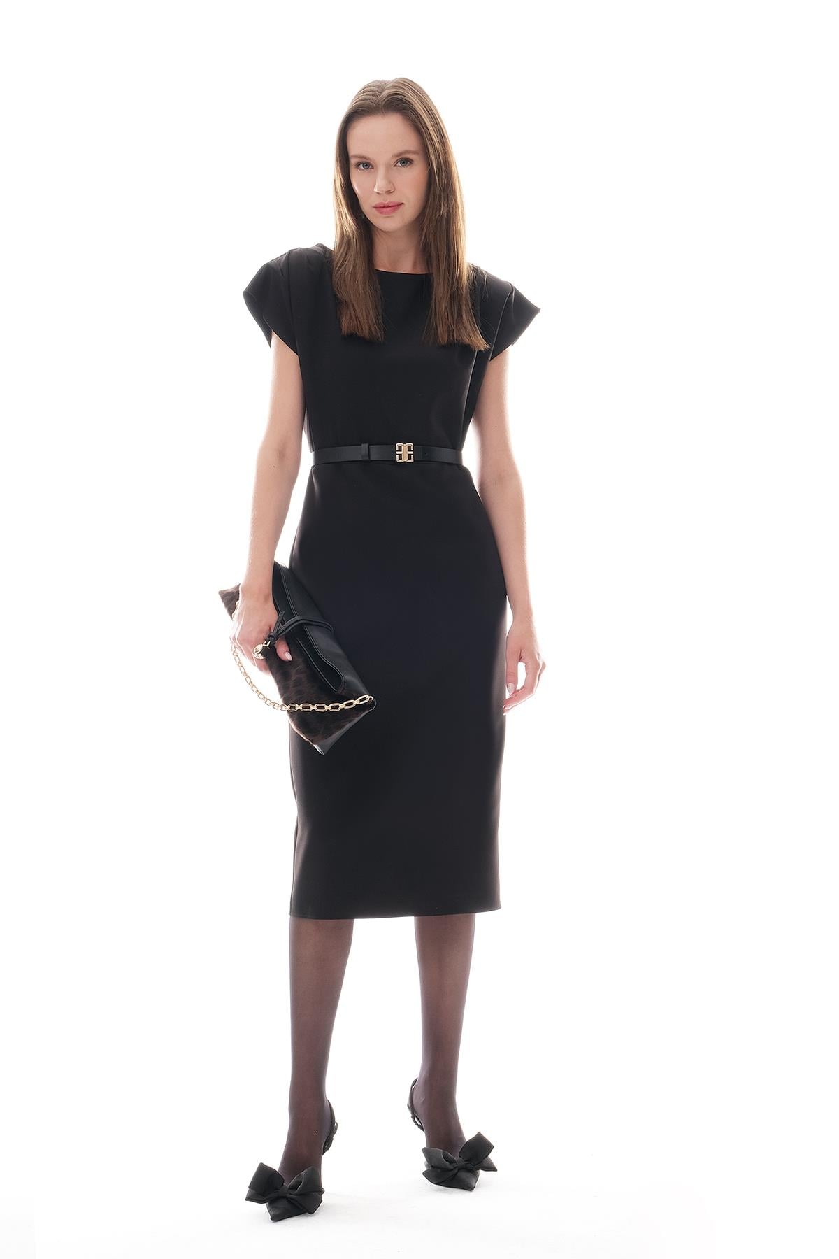 Deri Kemerli Kolu Drapeli Klasik Elbise