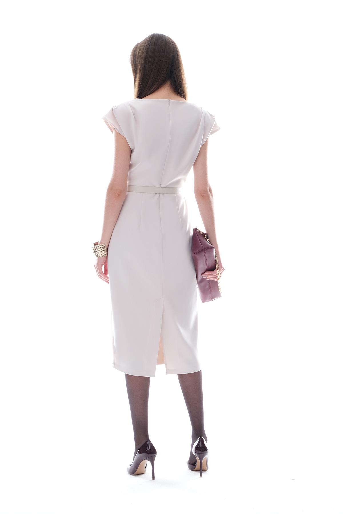 Deri Kemerli Kolu Drapeli Klasik Elbise