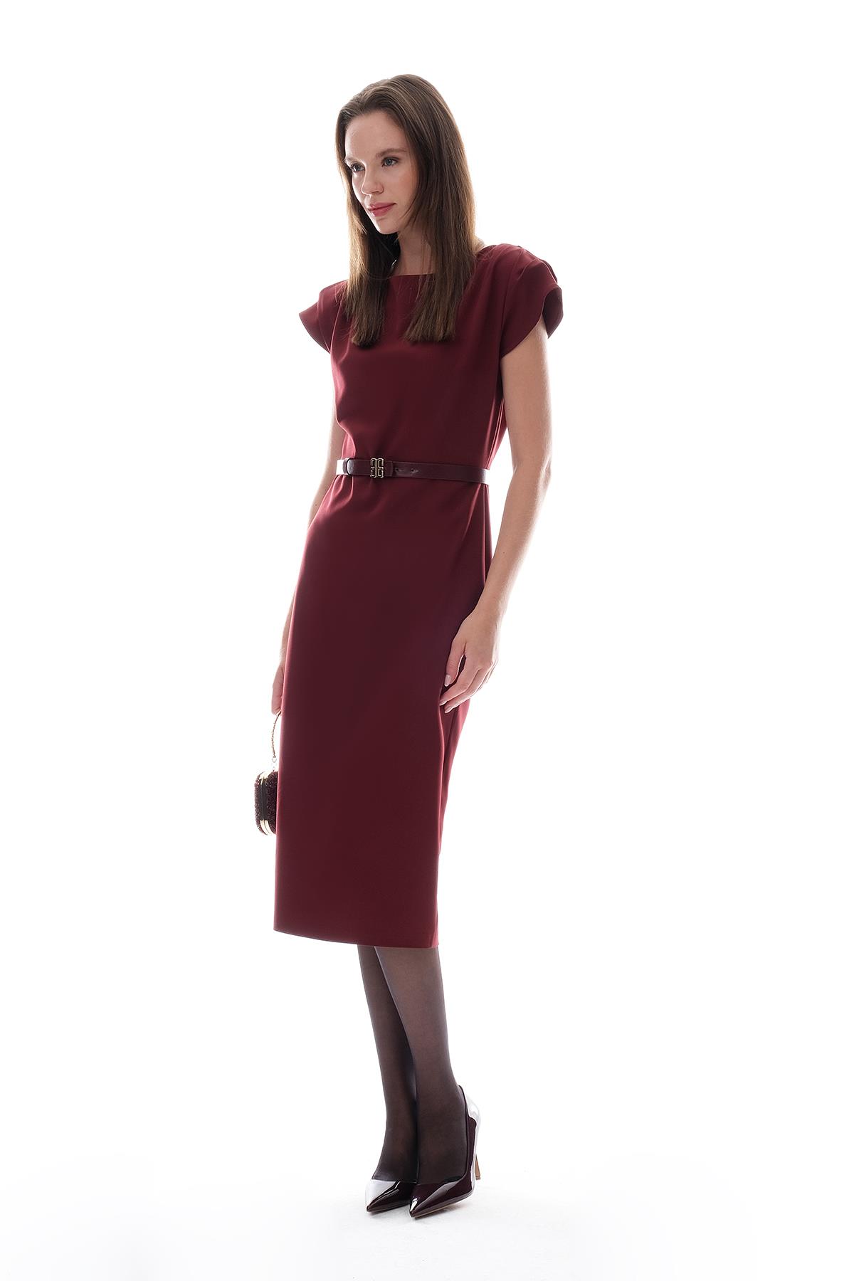 Deri Kemerli Kolu Drapeli Klasik Elbise