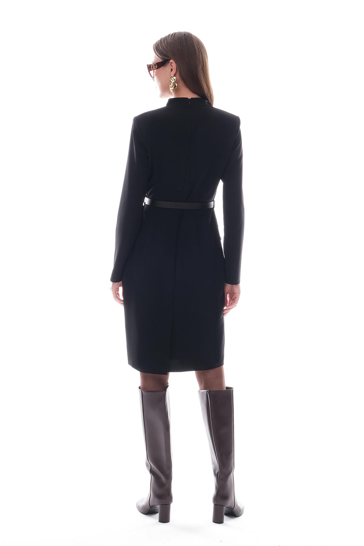 Deri Kemerli Mini Klasik Elbise