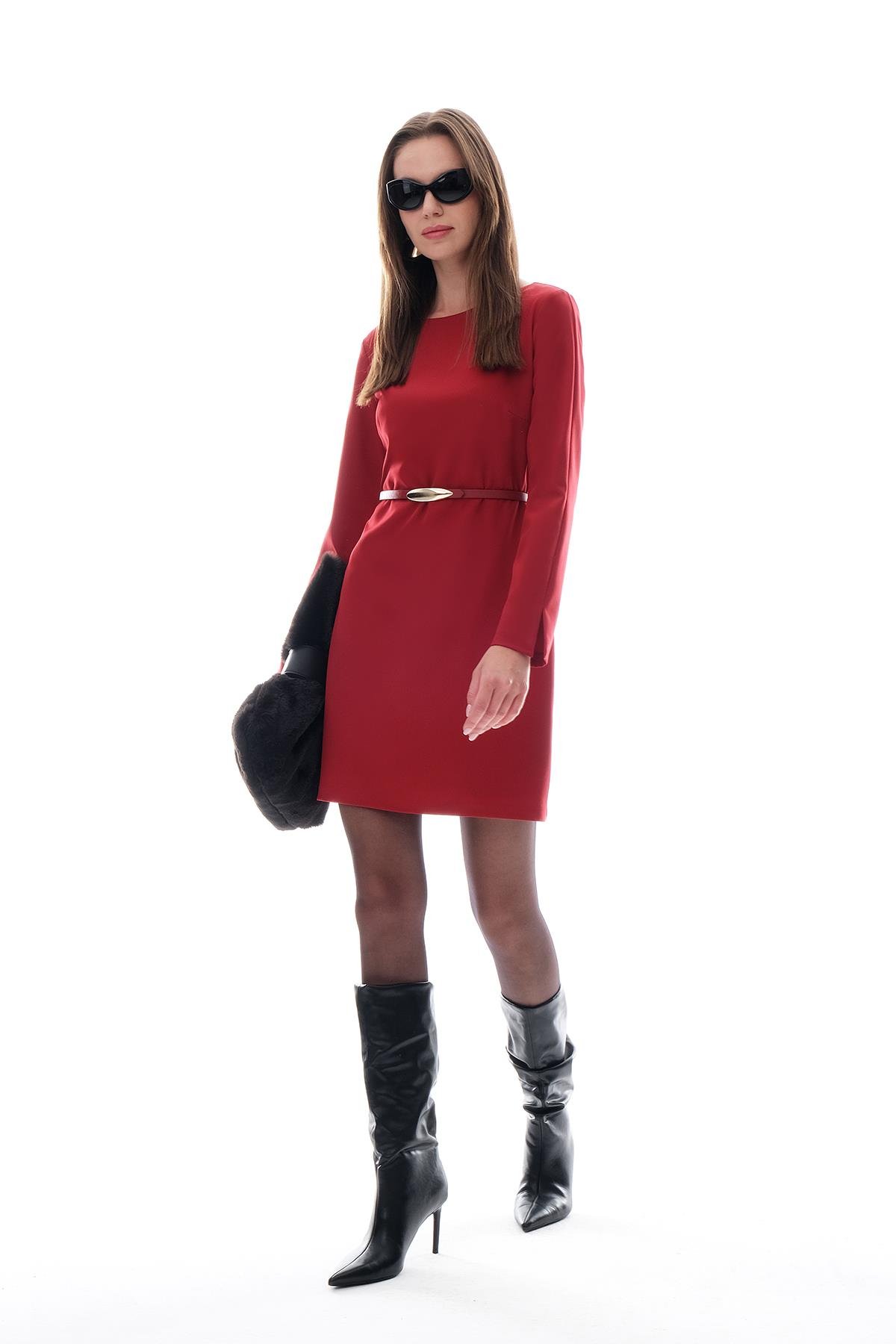 Deri Kemerli Mini Şık Elbise