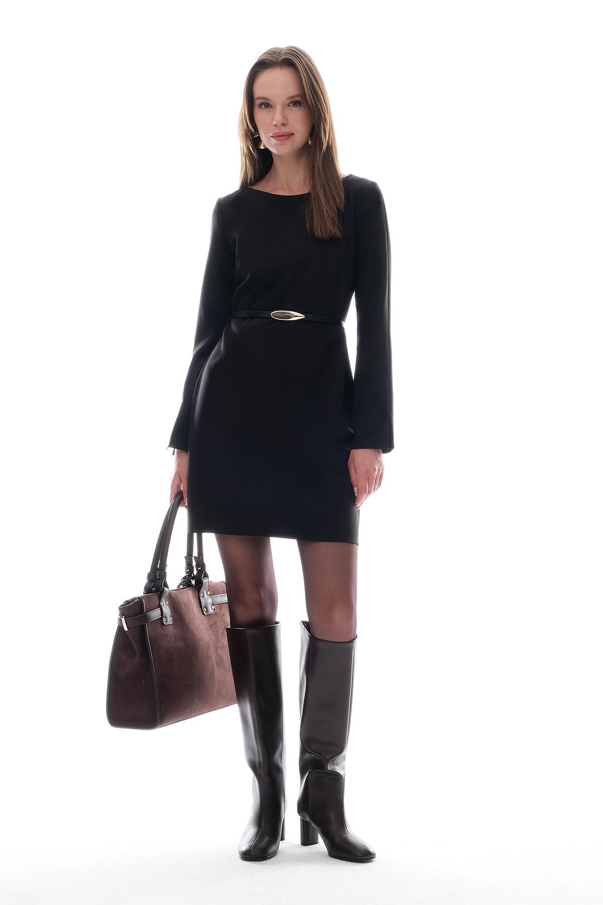 Deri Kemerli Mini Şık Elbise