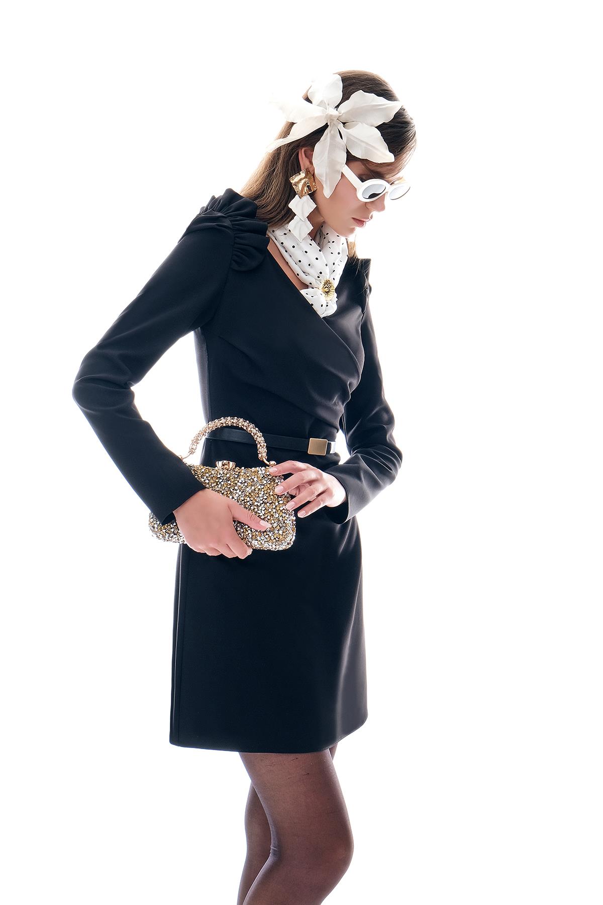 Deri Kemerli Omuz Detaylı Mini Elbise