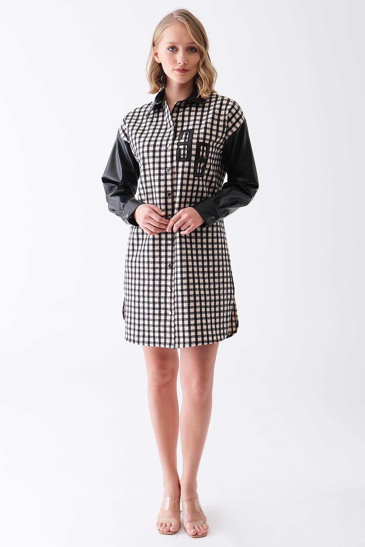 Deri Logo Detaylı Gömlek Elbise