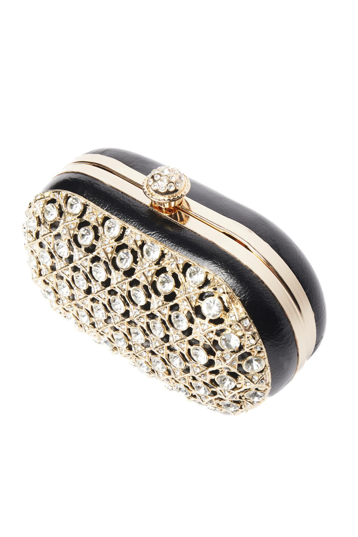 Deri Üstü Taş Aksesuarlı, Mini Gece Çantası