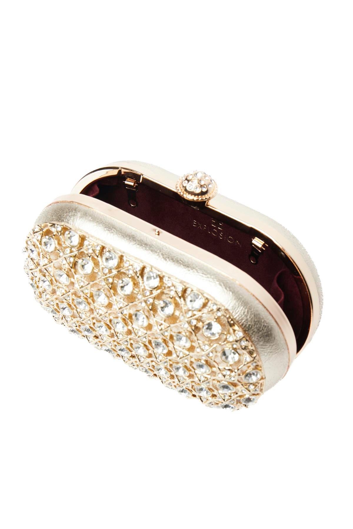 Deri Üstü Taş Aksesuarlı, Mini Gece Çantası