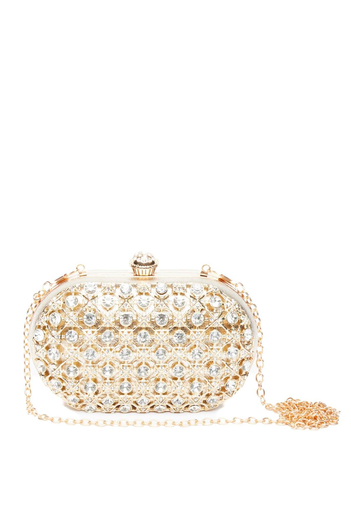 Deri Üstü Taş Aksesuarlı, Mini Gece Çantası