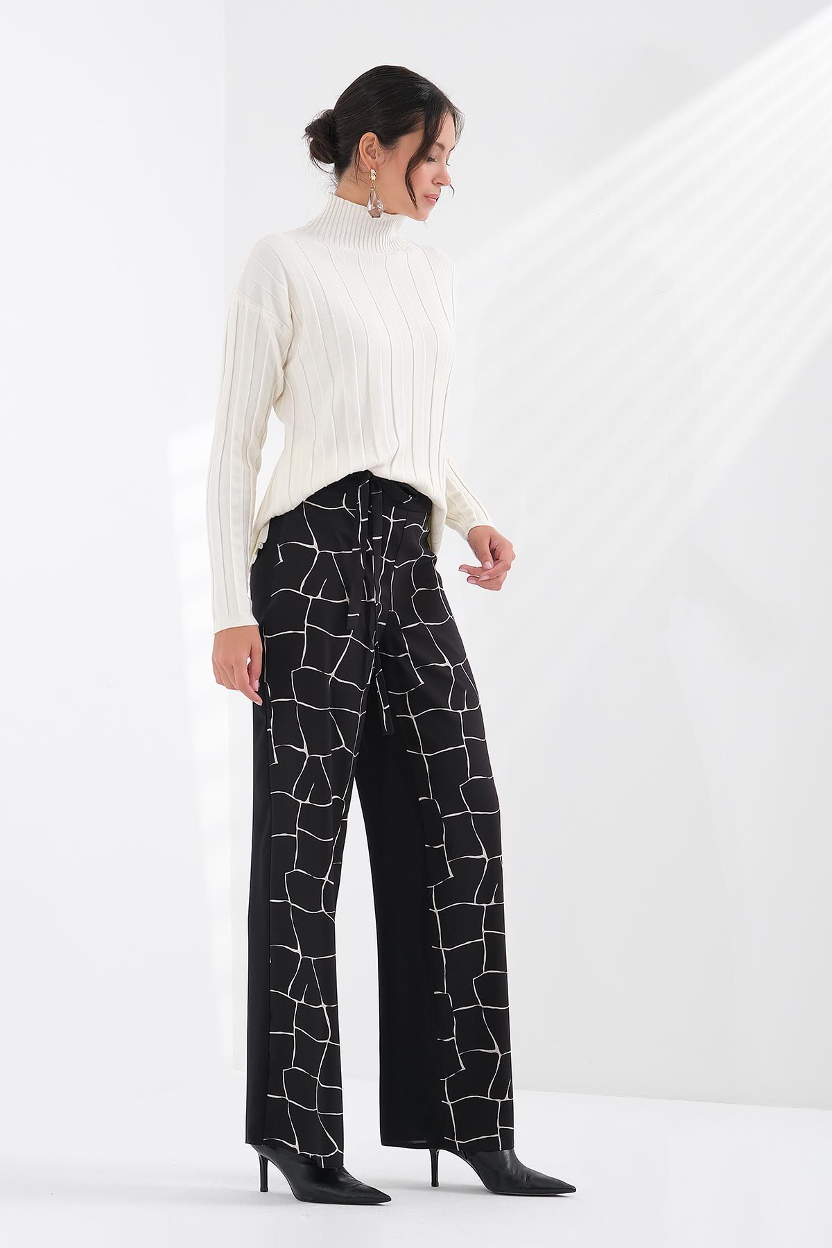 Desen Garnili Kuşaklı Pantolon