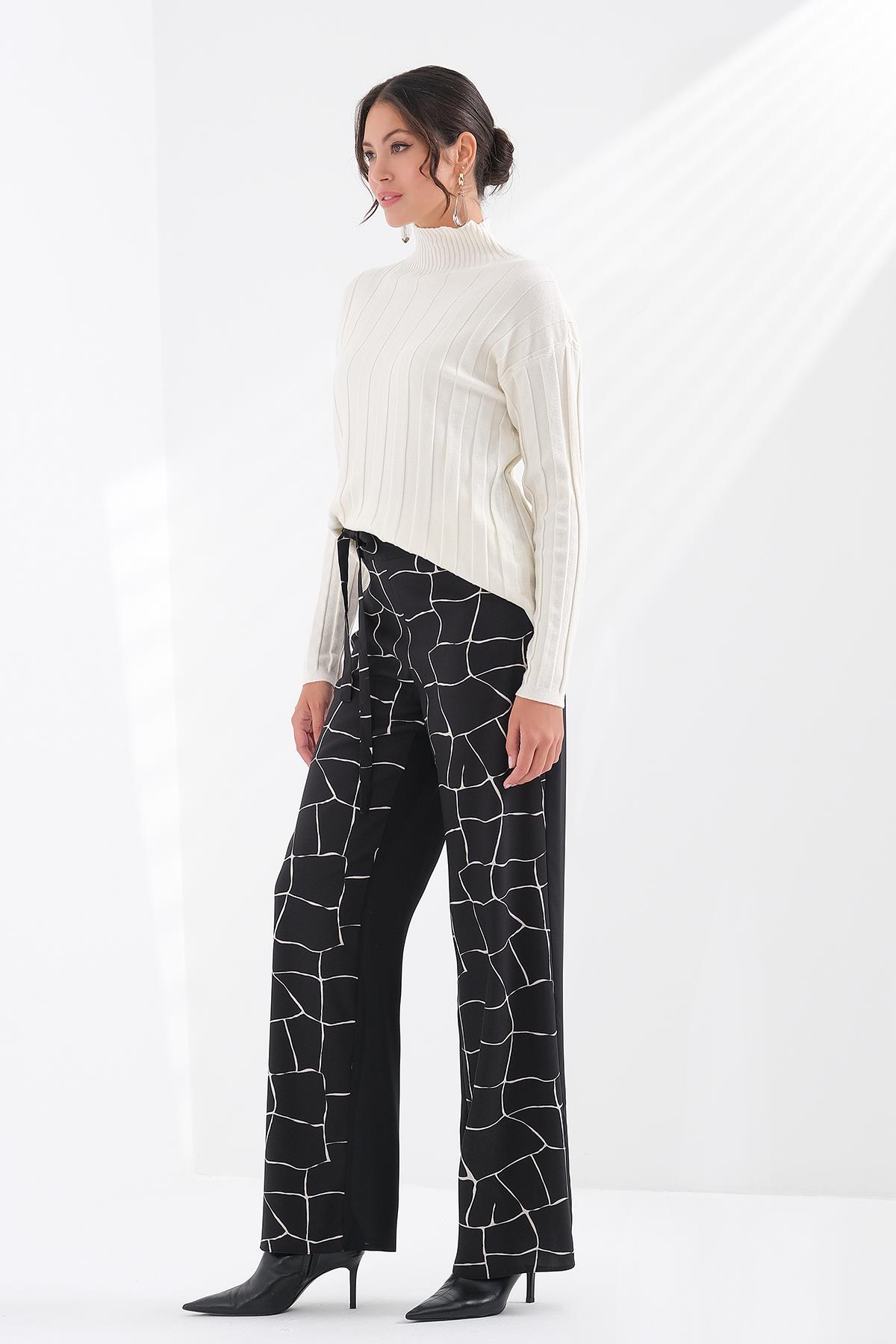 Desen Garnili Kuşaklı Pantolon