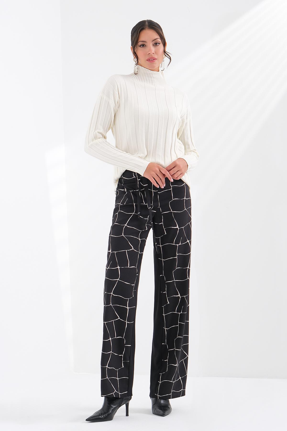 Desen Garnili Kuşaklı Pantolon