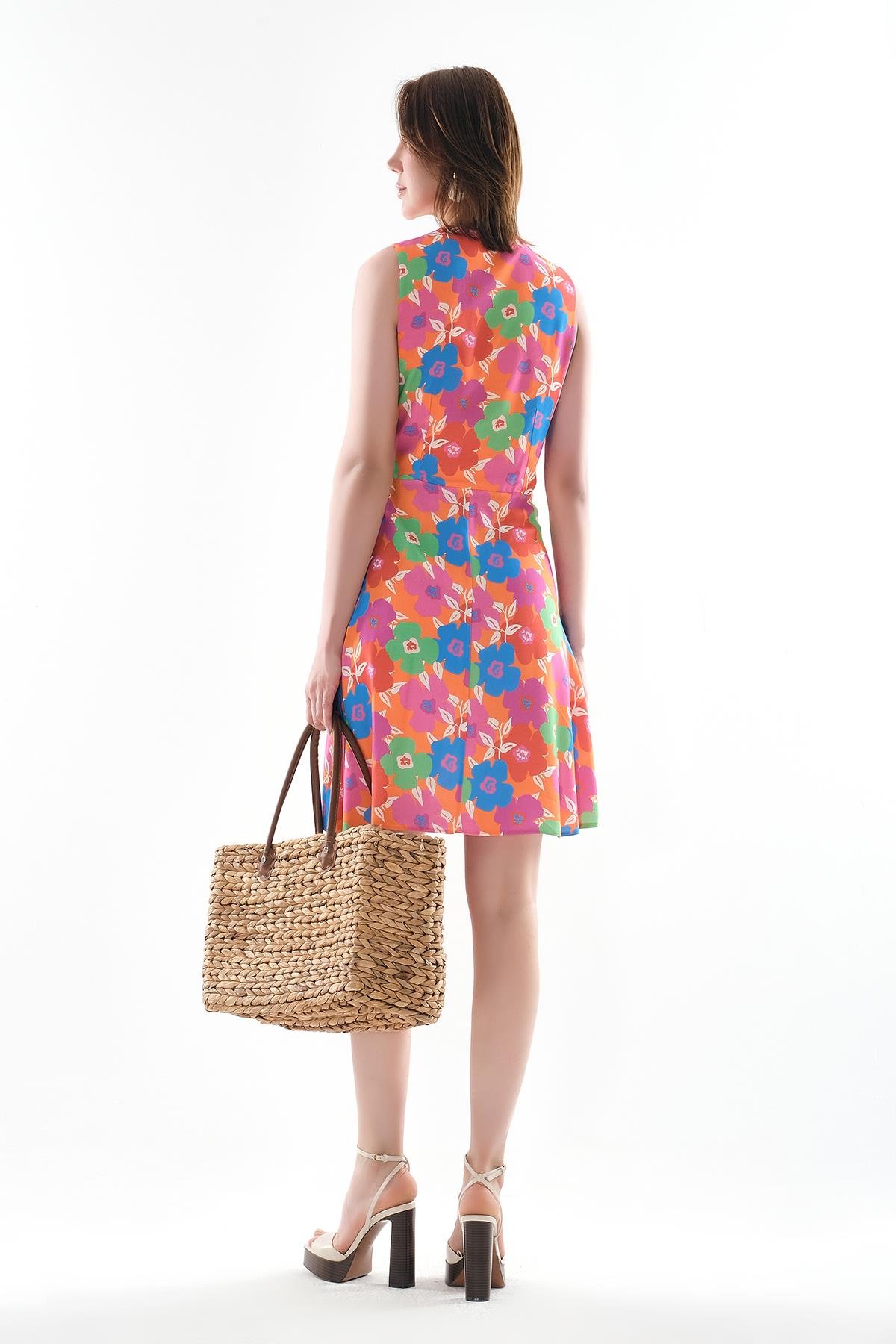 Desenli Beli Bağlamalı Mini Elbise