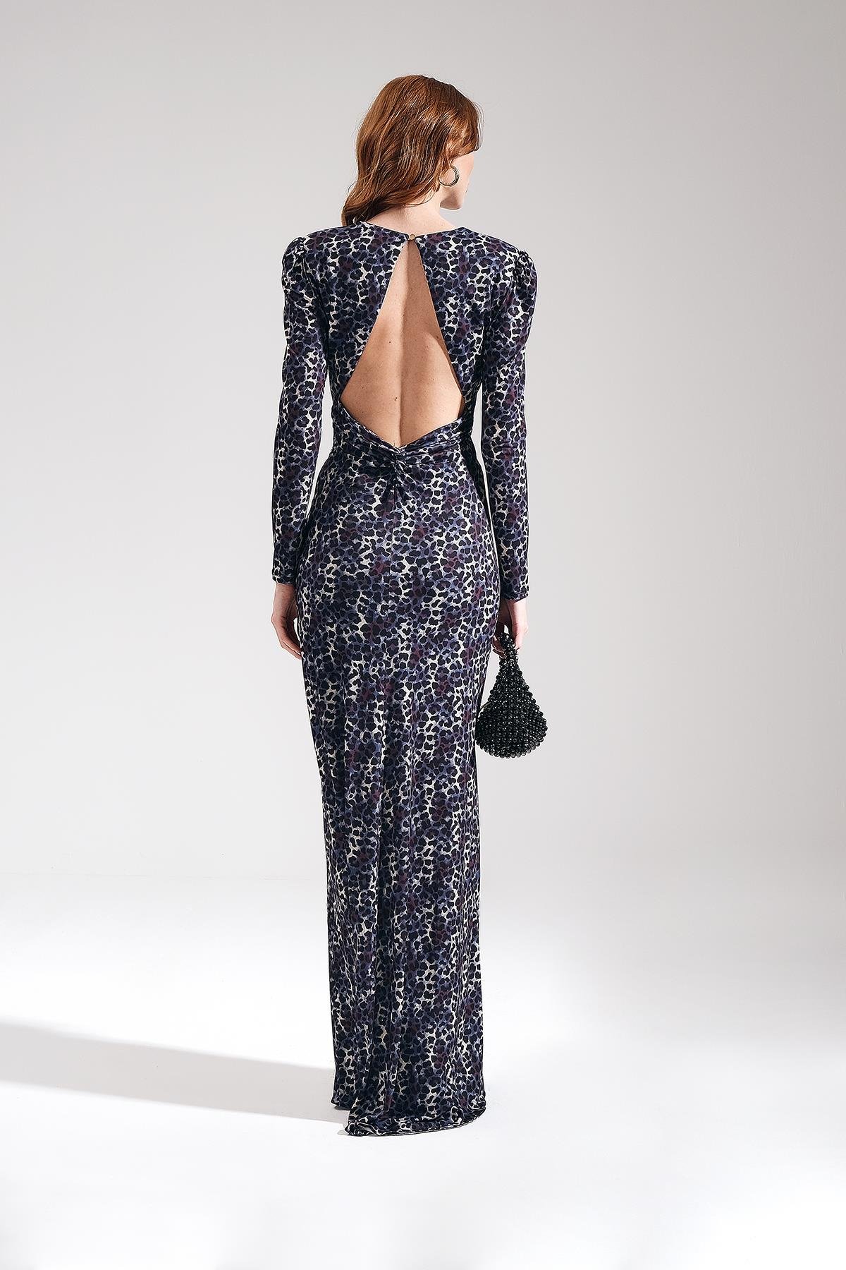 Desenli Beli Düğüm Detaylı Abiye Elbise