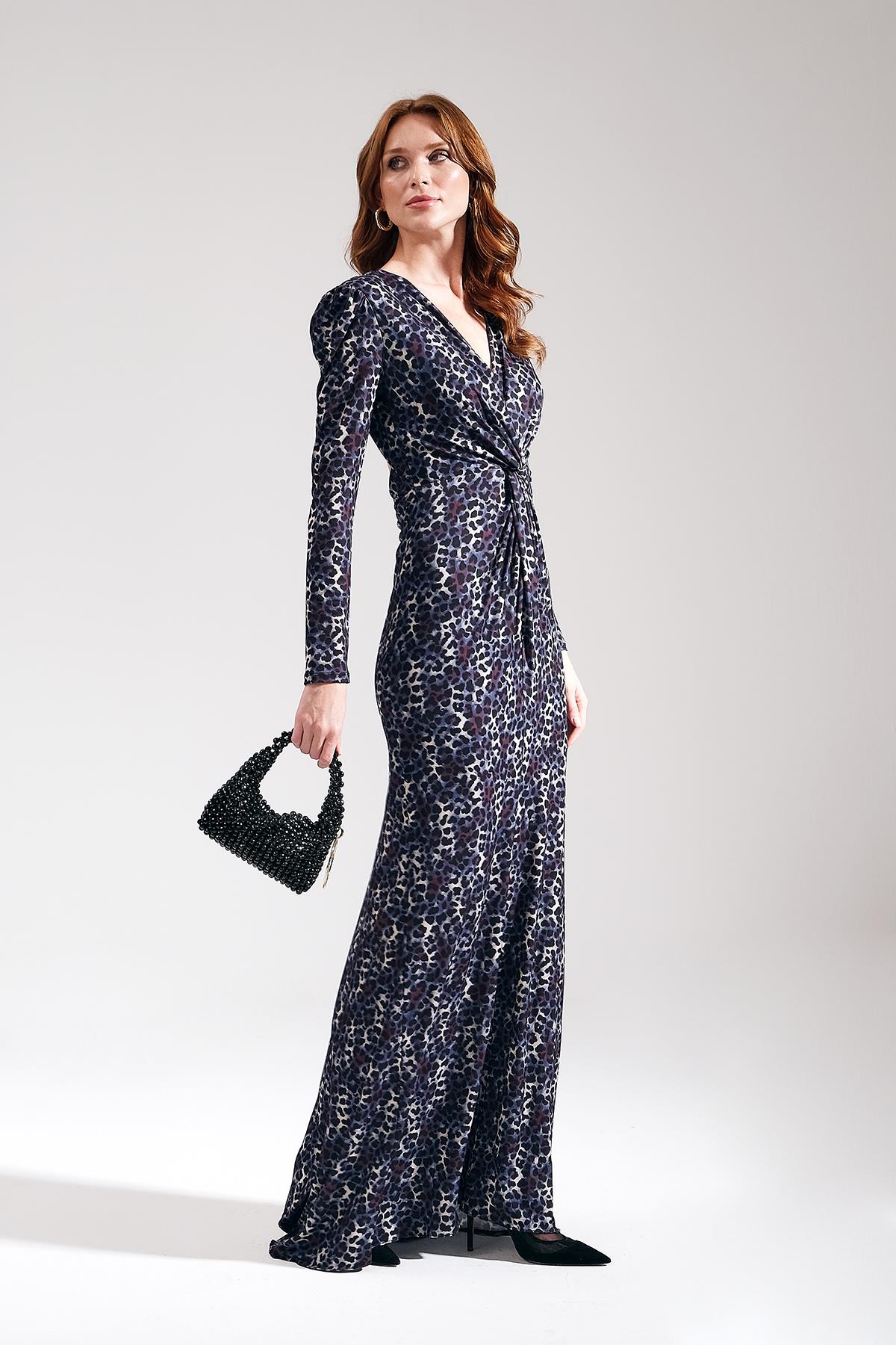 Desenli Beli Düğüm Detaylı Abiye Elbise