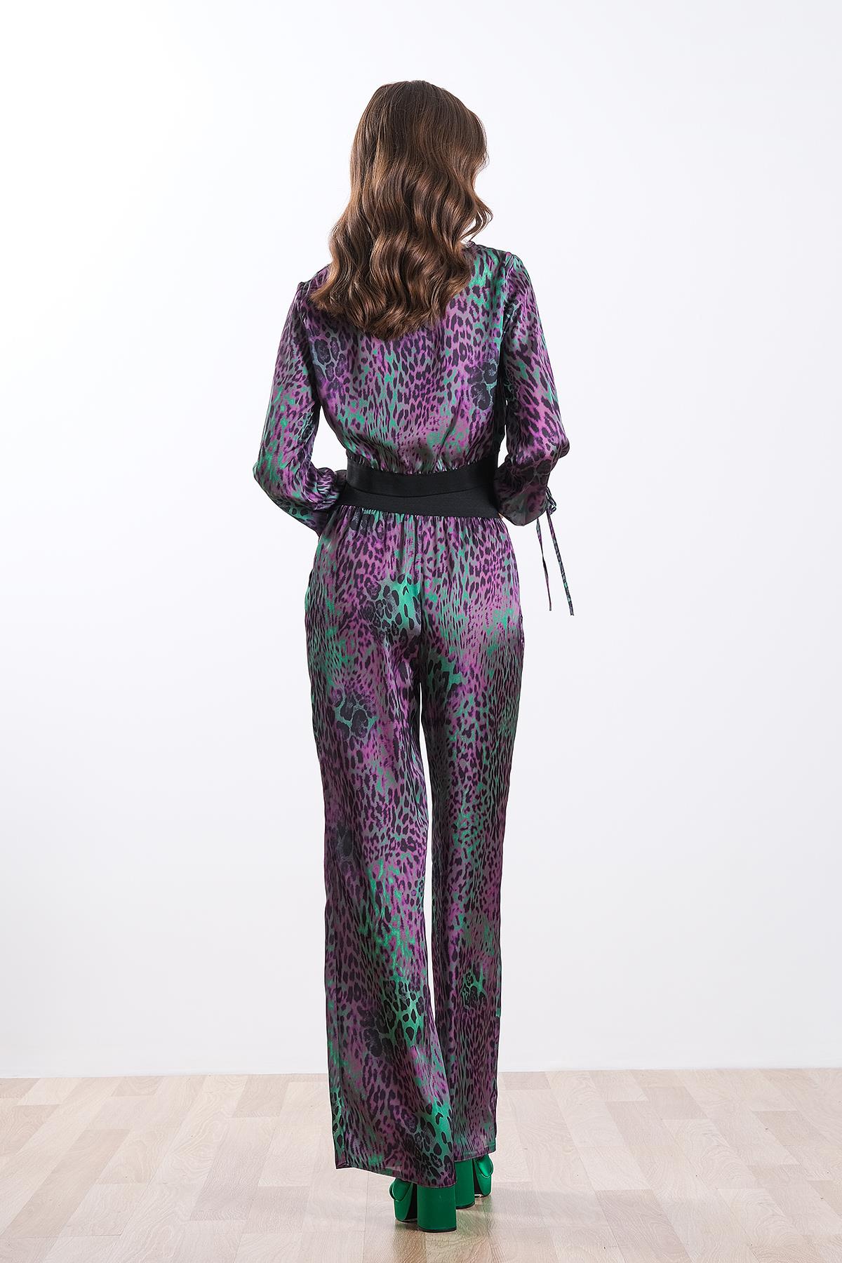 Desenli Beli Lastikli Saten Pantolon