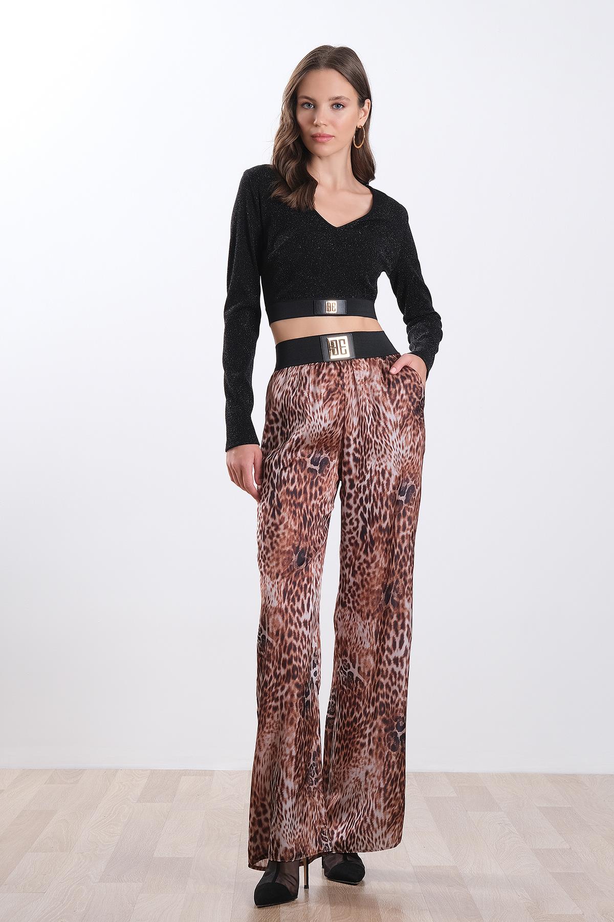 Desenli Beli Lastikli Saten Pantolon