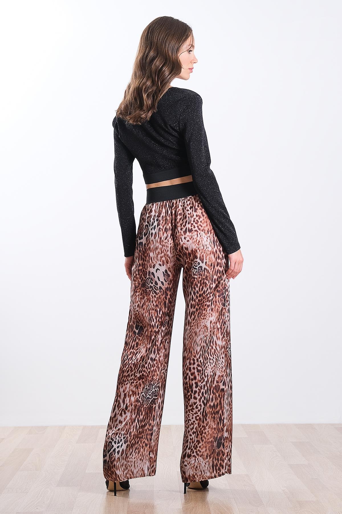 Desenli Beli Lastikli Saten Pantolon