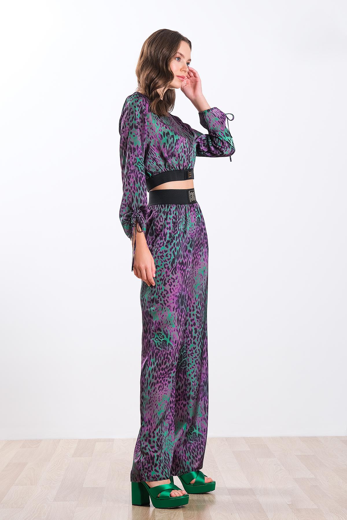 Desenli Beli Lastikli Saten Pantolon