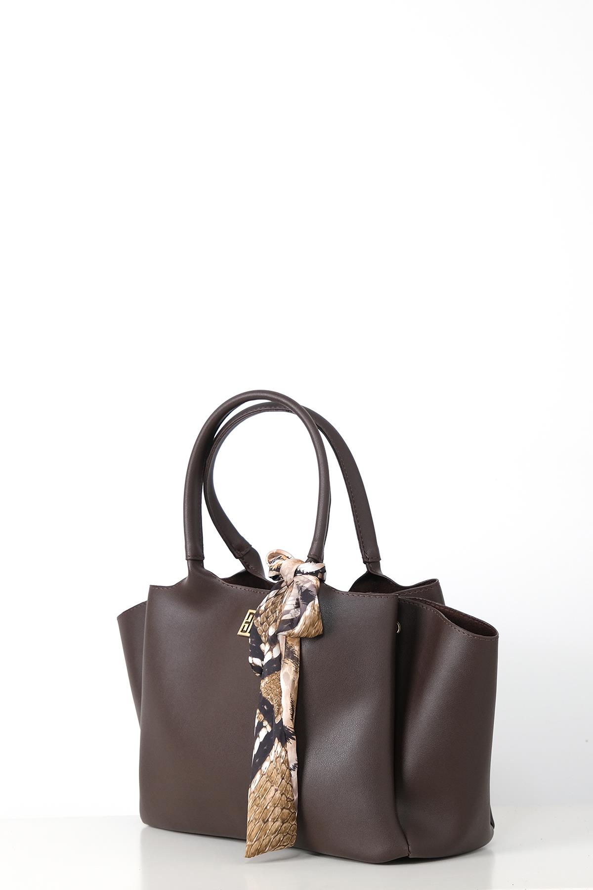 Desenli Fular Aksesuarlı Çift Saplı Logolu Askılı Geniş Hacimli City Çanta