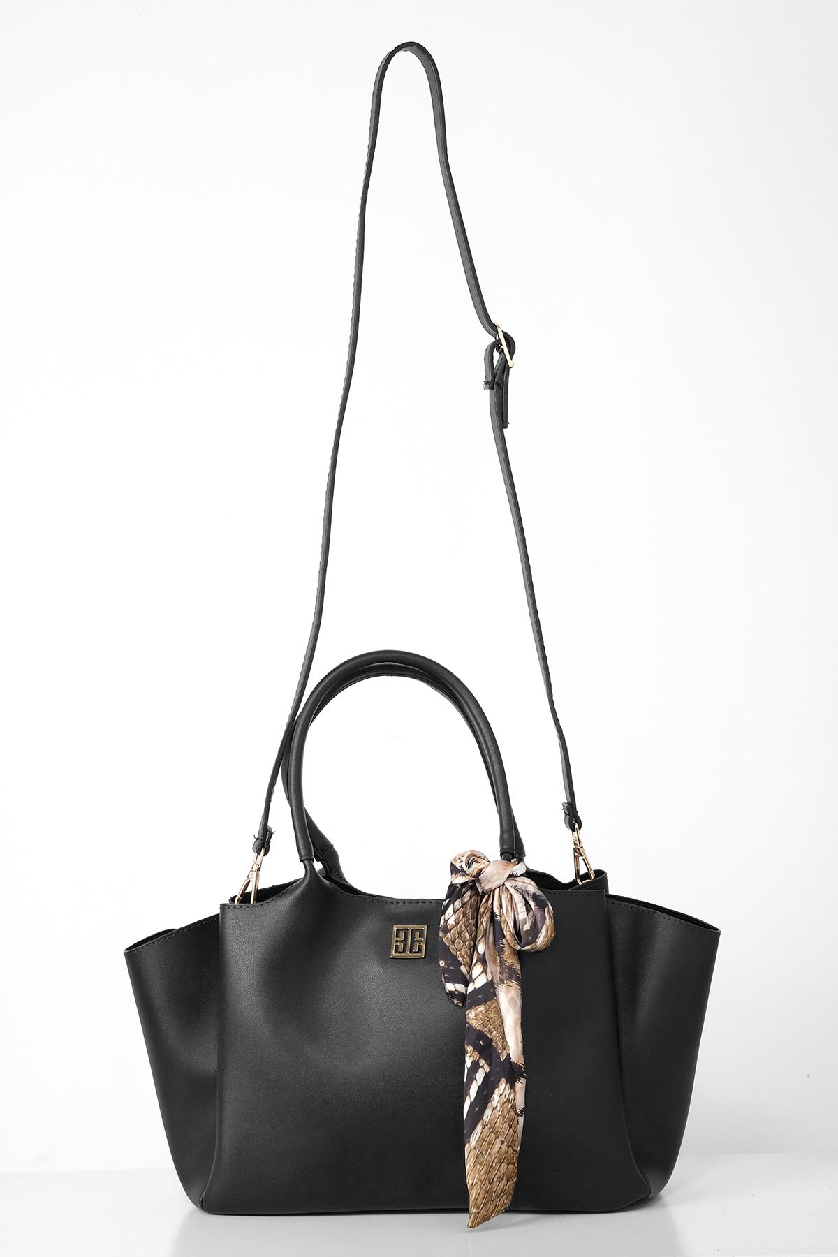 Desenli Fular Aksesuarlı Çift Saplı Logolu Askılı Geniş Hacimli City Çanta