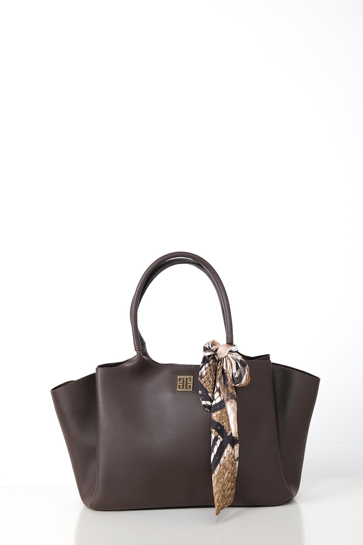 Desenli Fular Aksesuarlı Çift Saplı Logolu Askılı Geniş Hacimli City Çanta