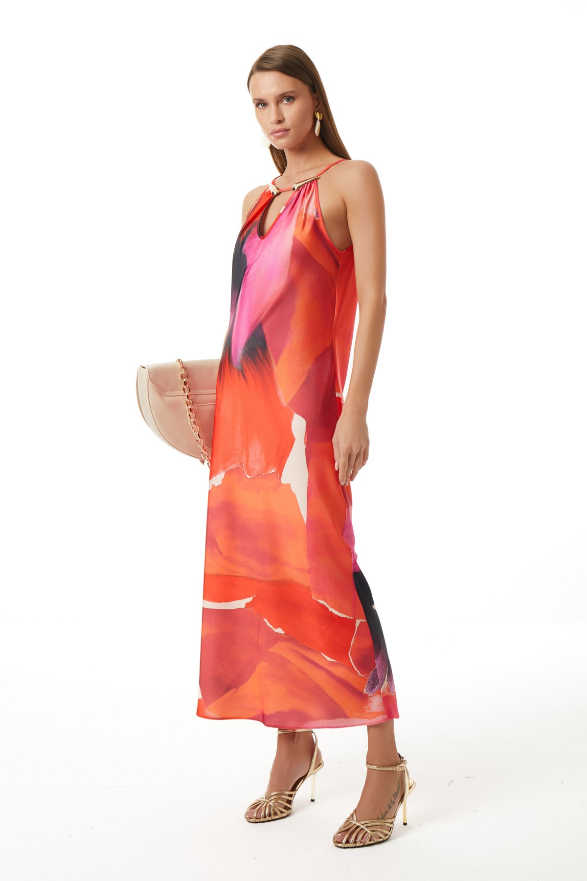 Desenli Halter Yaka Elbise