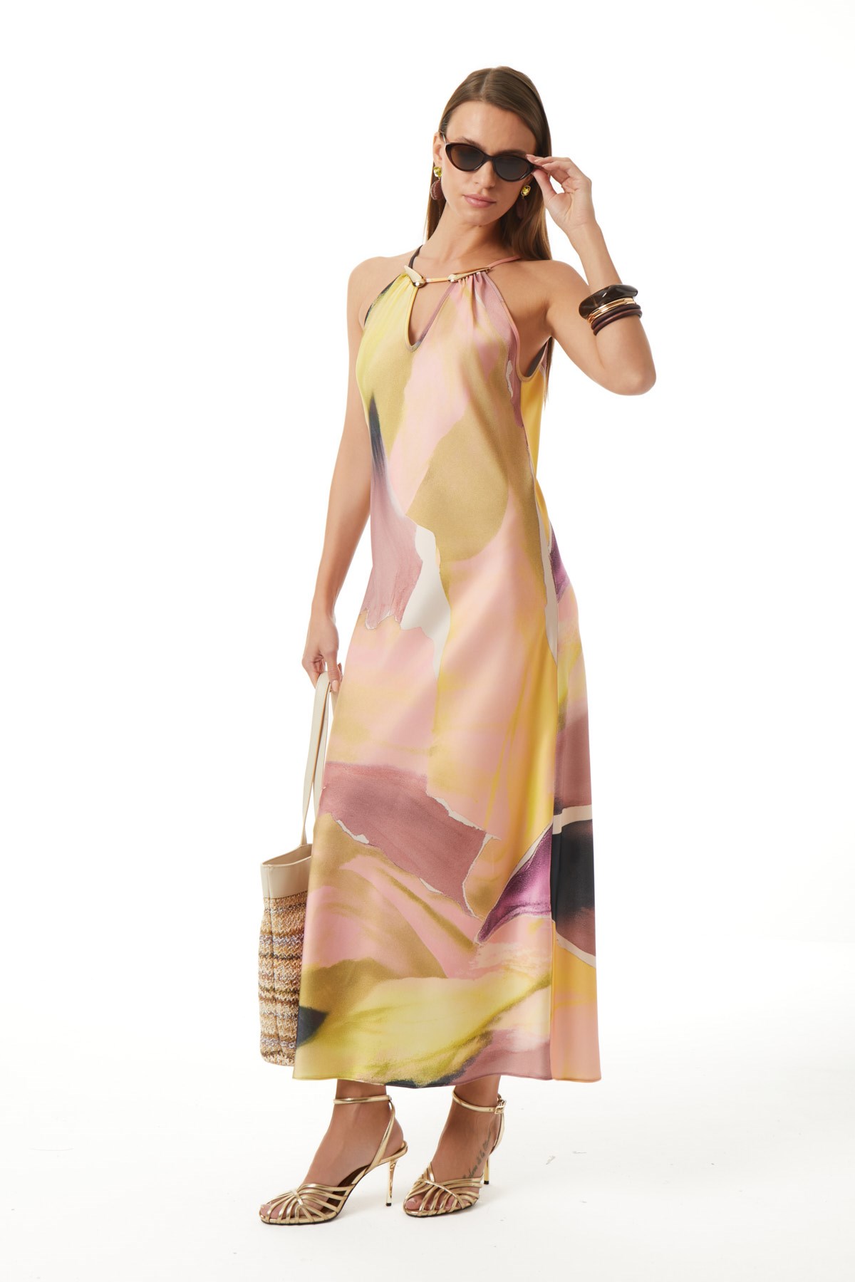 Desenli Halter Yaka Elbise