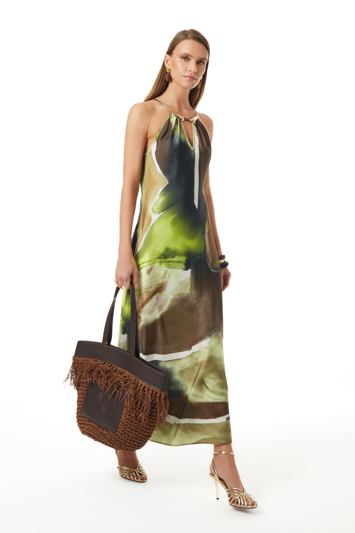 Desenli Halter Yaka Elbise