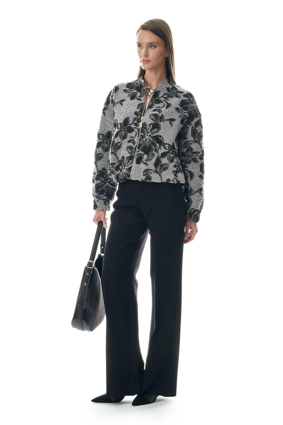 Desenli Jakar Fermuarlı Bomber Ceket