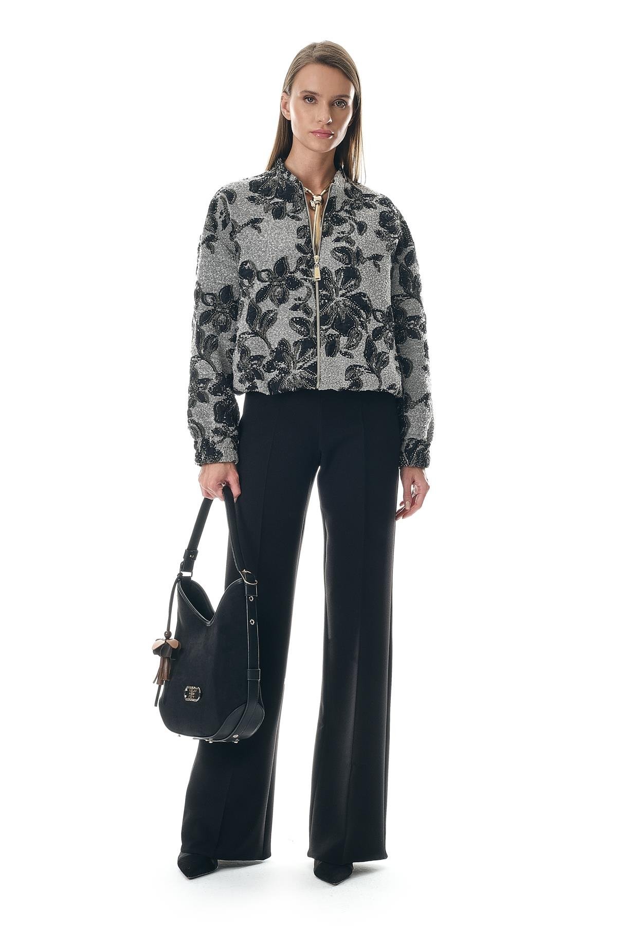 Desenli Jakar Fermuarlı Bomber Ceket