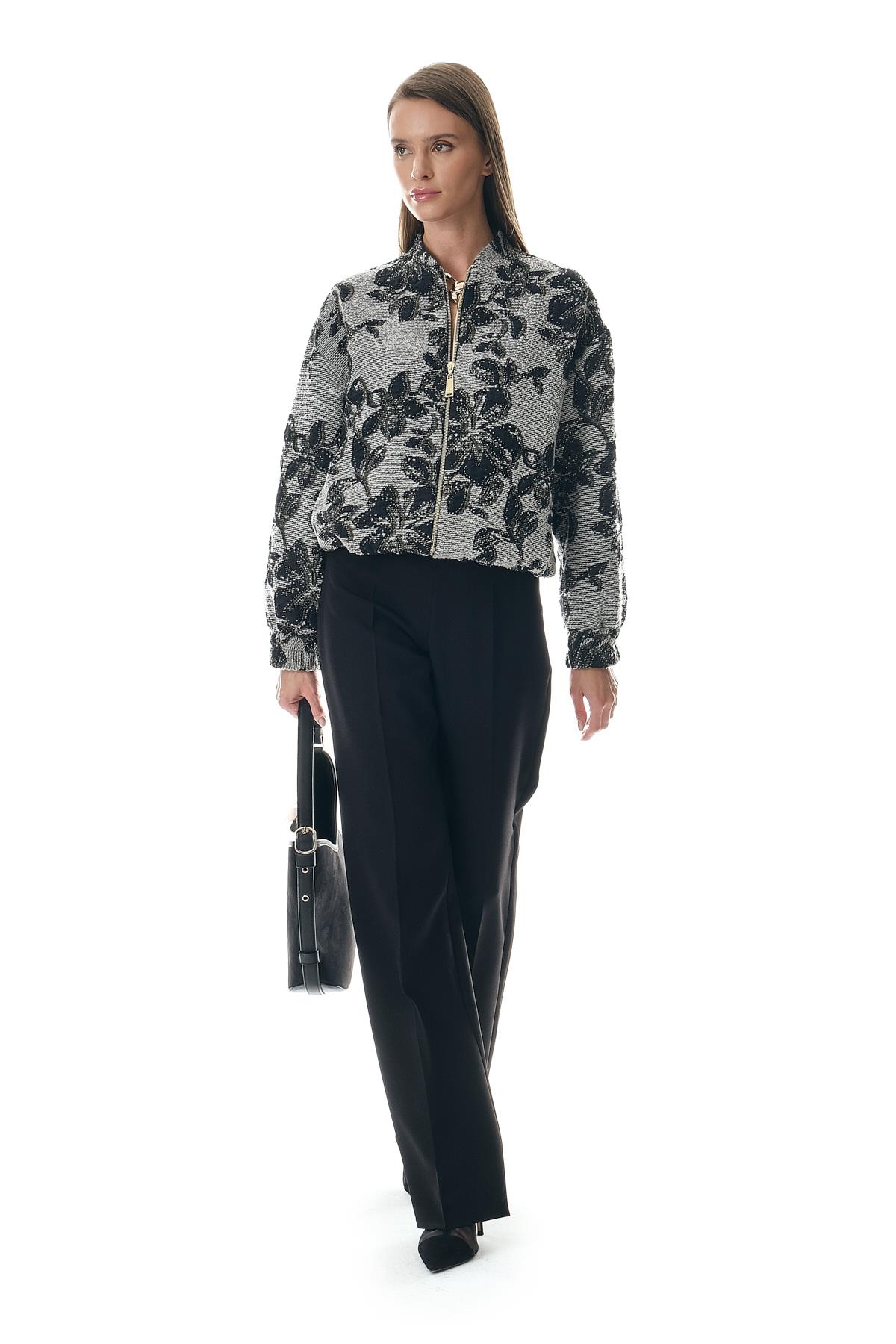 Desenli Jakar Fermuarlı Bomber Ceket