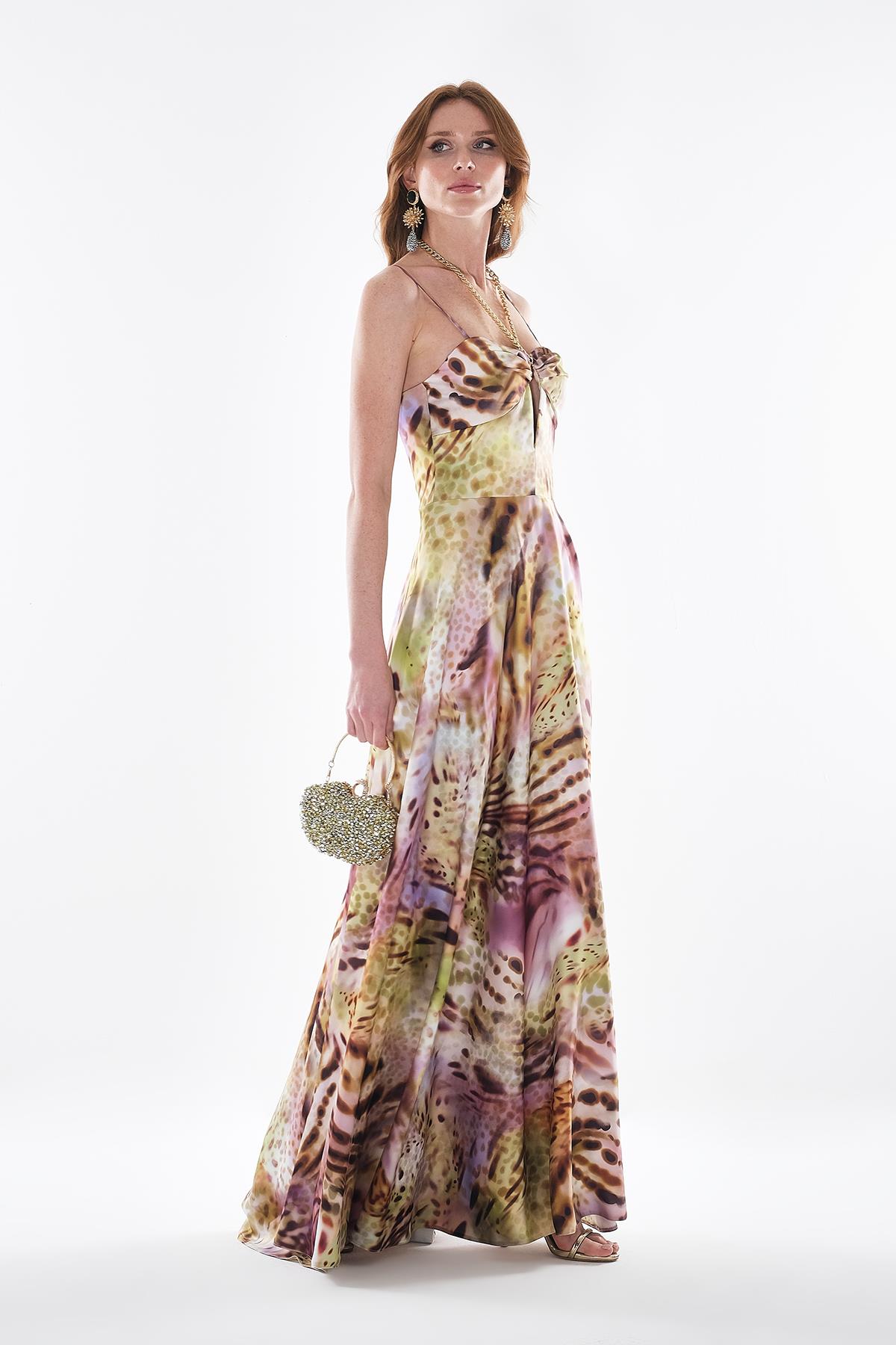 Desenli Göğüs Dekolteli Abiye Elbise