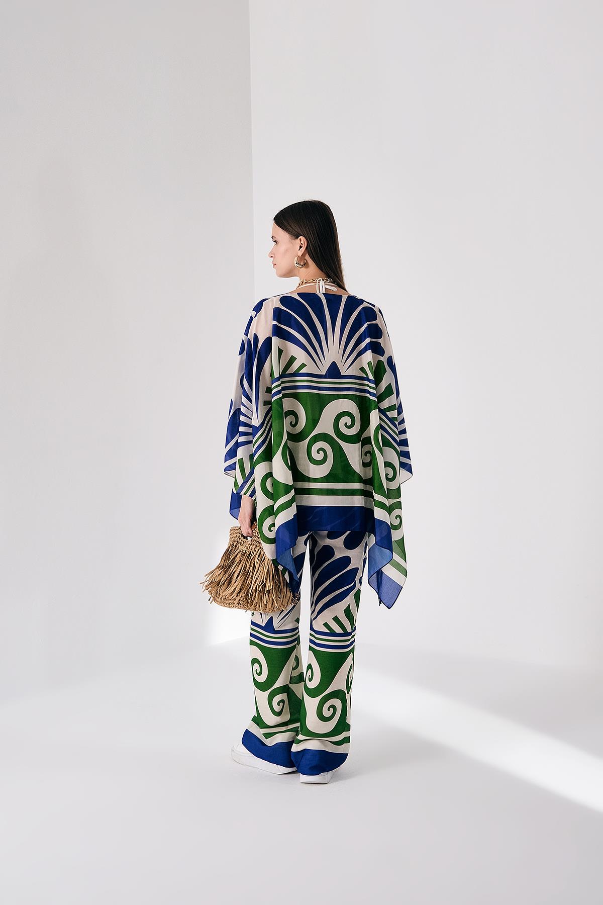 Desenli Keten Görünümlü Bol Paça Pantolon