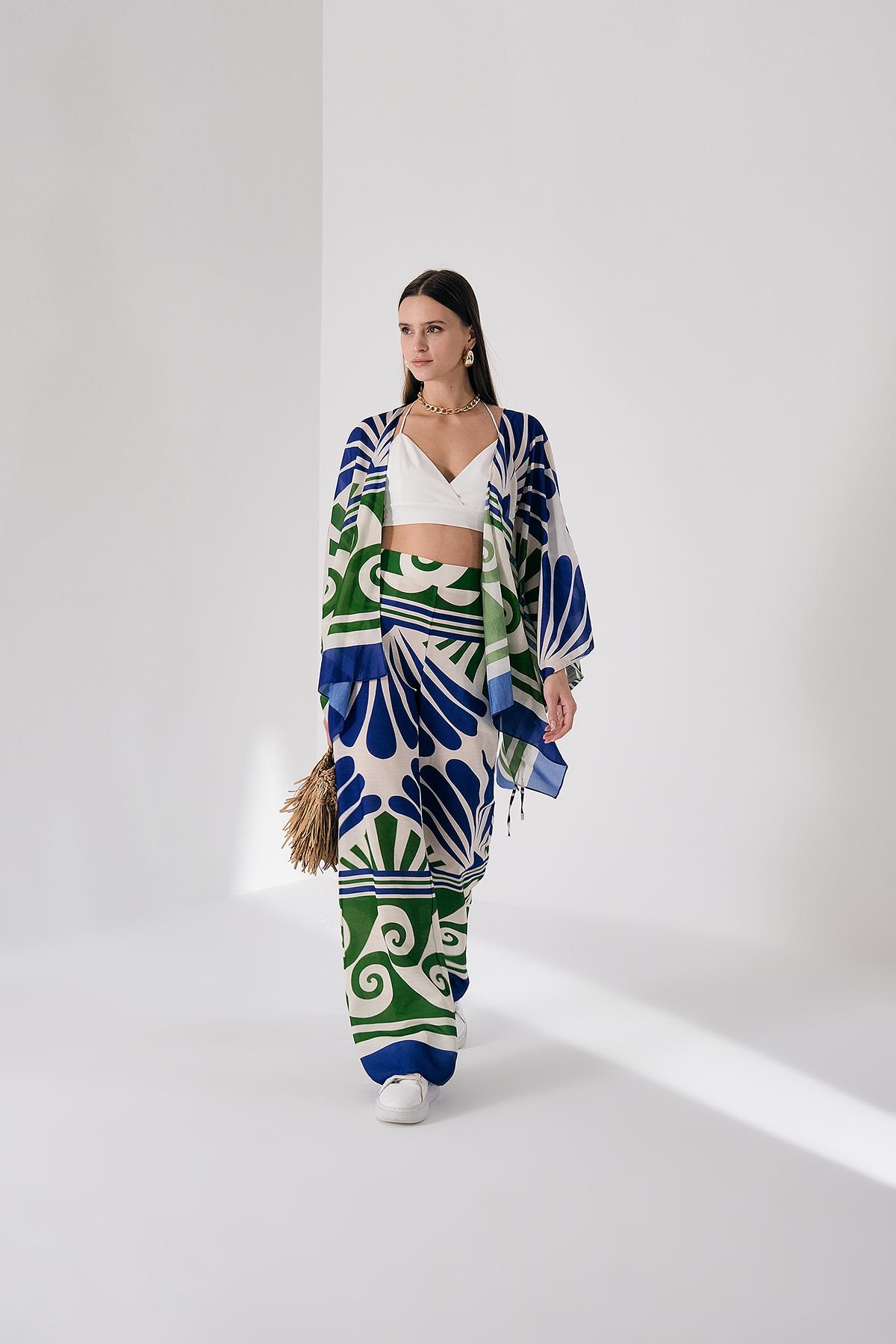 Desenli Keten Görünümlü Bol Paça Pantolon