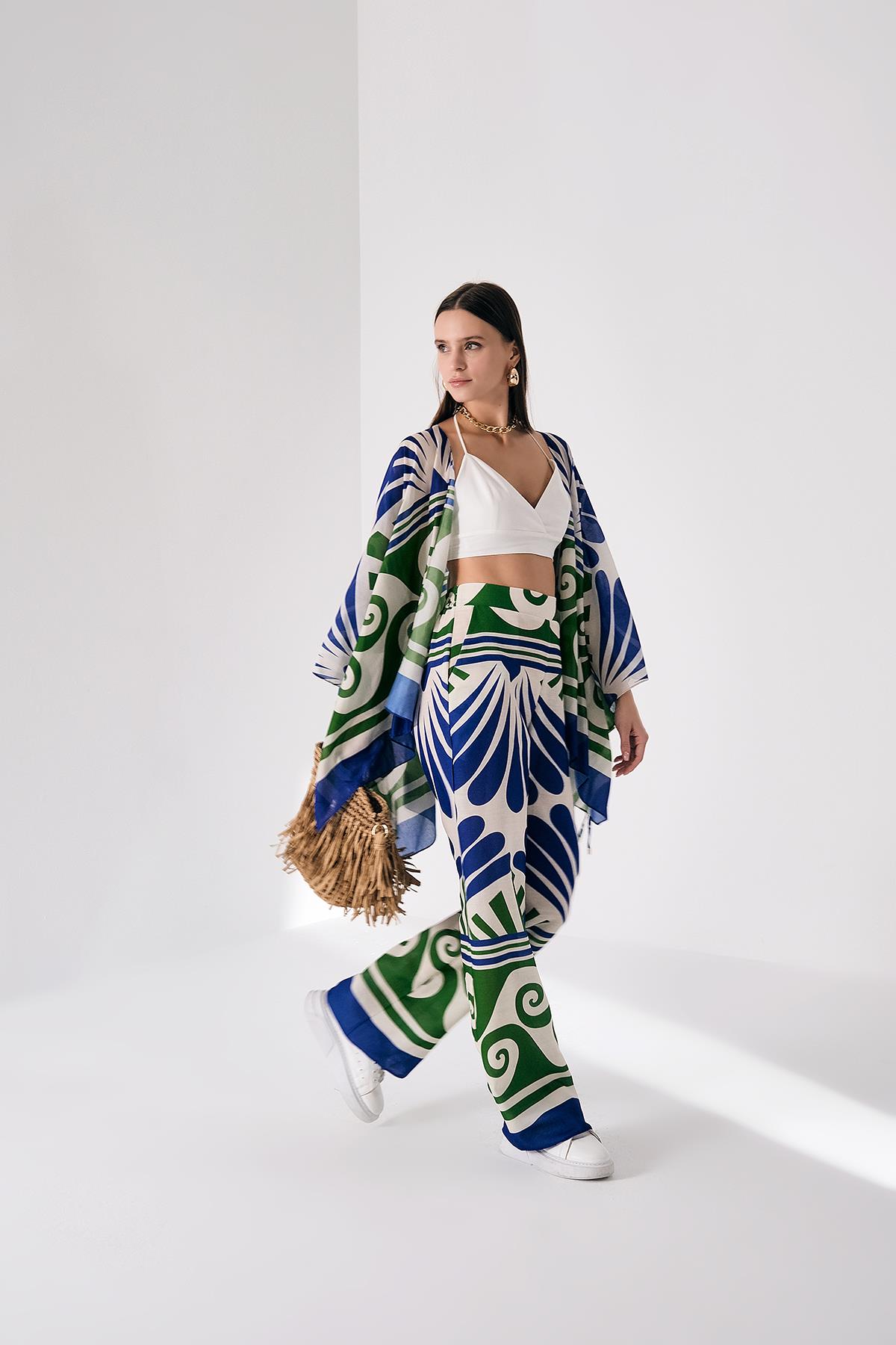 Desenli Keten Görünümlü Bol Paça Pantolon