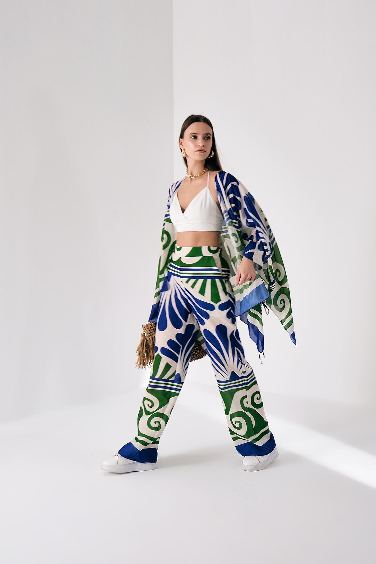 Desenli Keten Görünümlü Bol Paça Pantolon