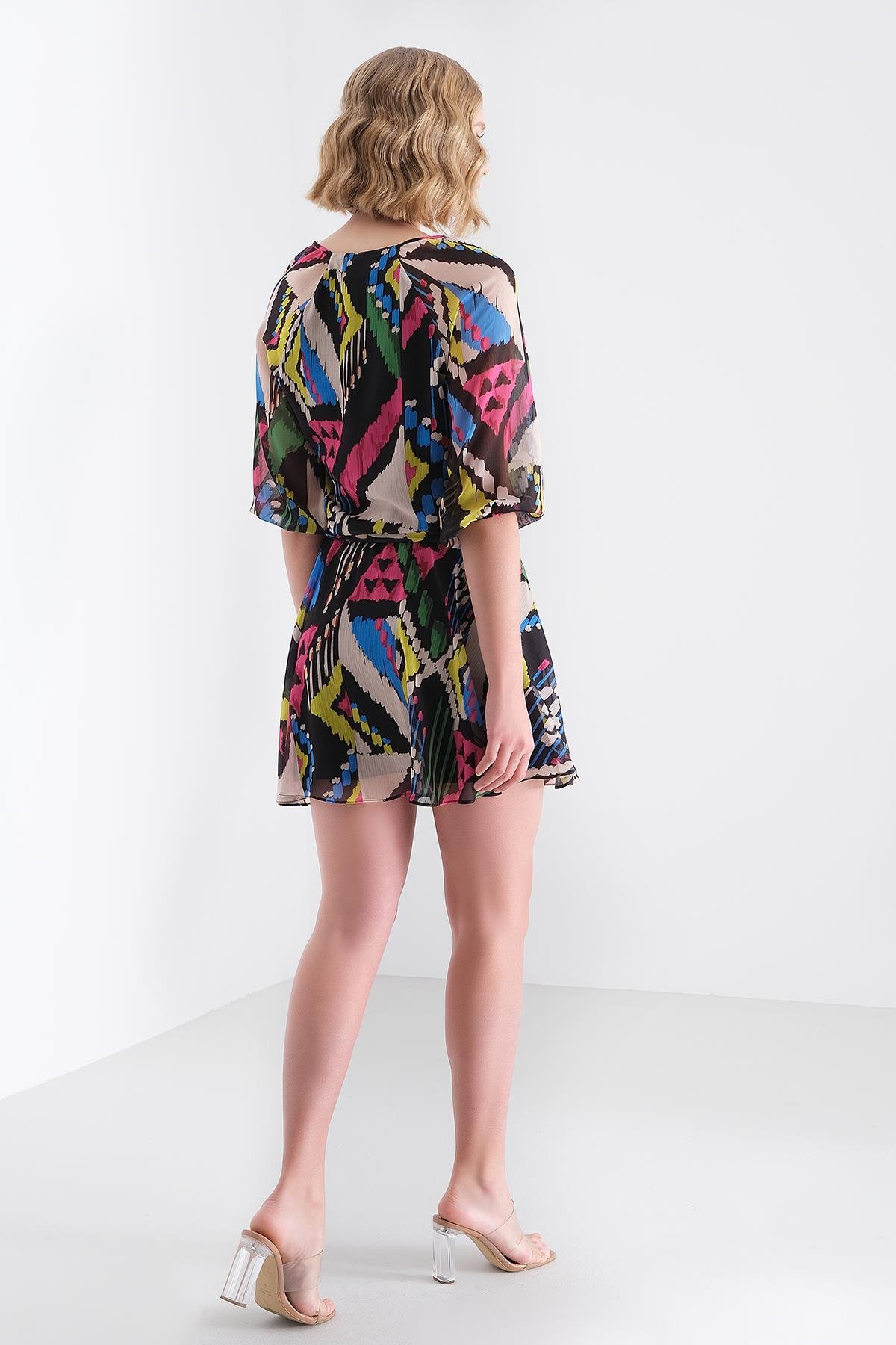 Desenli Kruvaze Mini Elbise