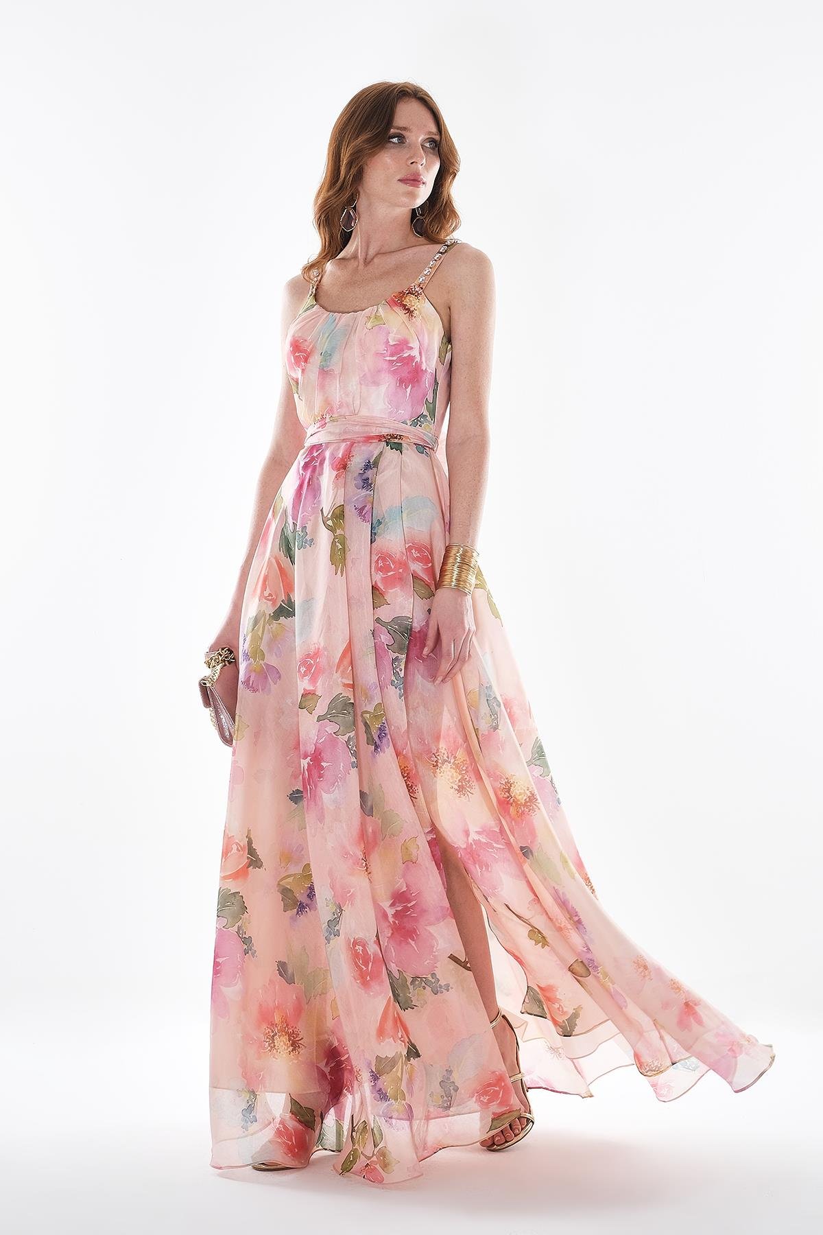 Desenli Organze Askısı Taş İşlemeli Abiye Elbise