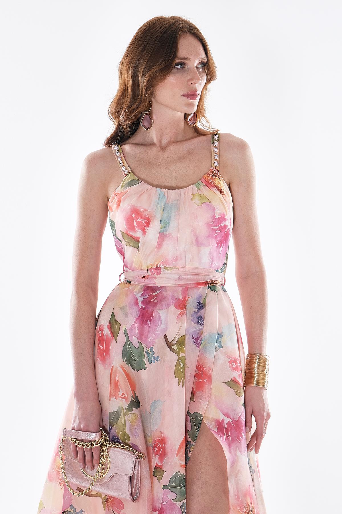 Desenli Organze Askısı Taş İşlemeli Abiye Elbise