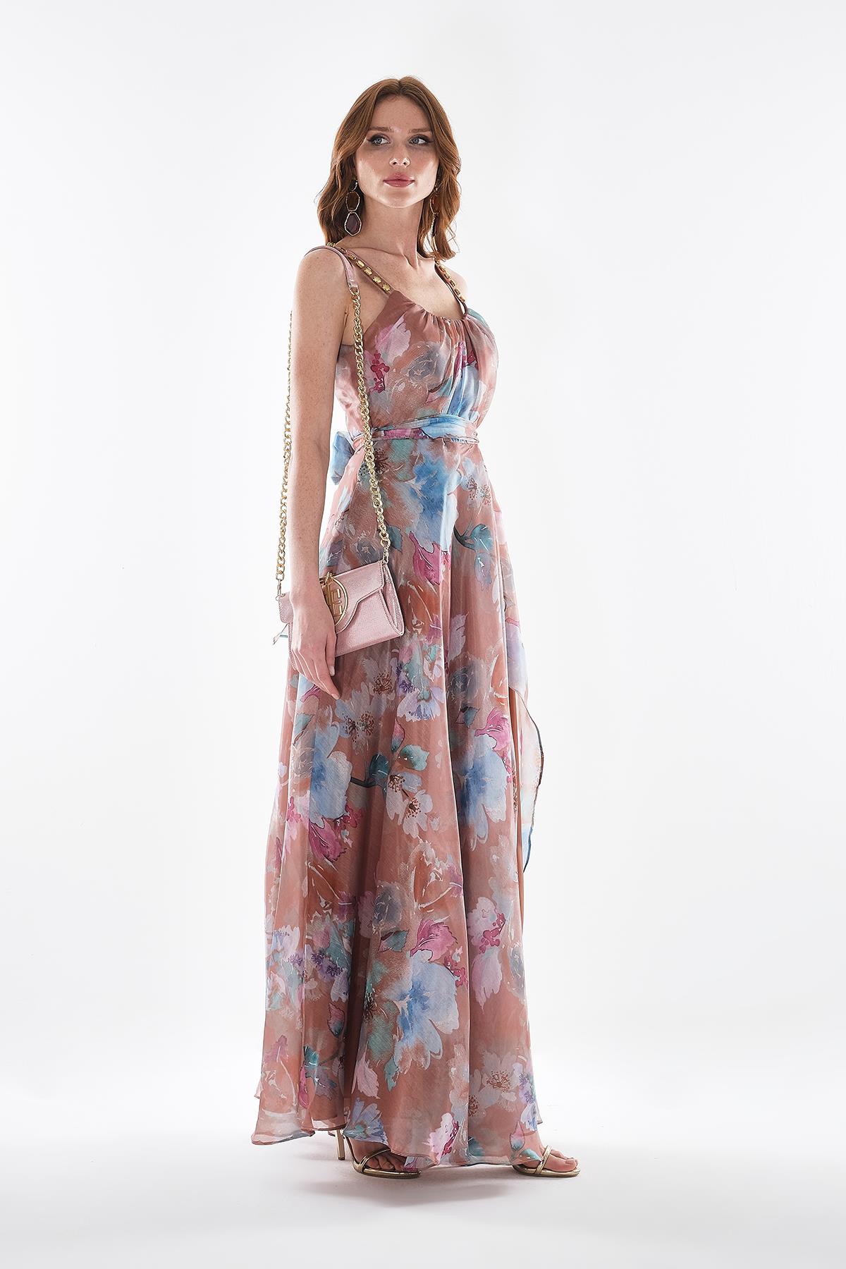 Desenli Organze Askısı Taş İşlemeli Abiye Elbise