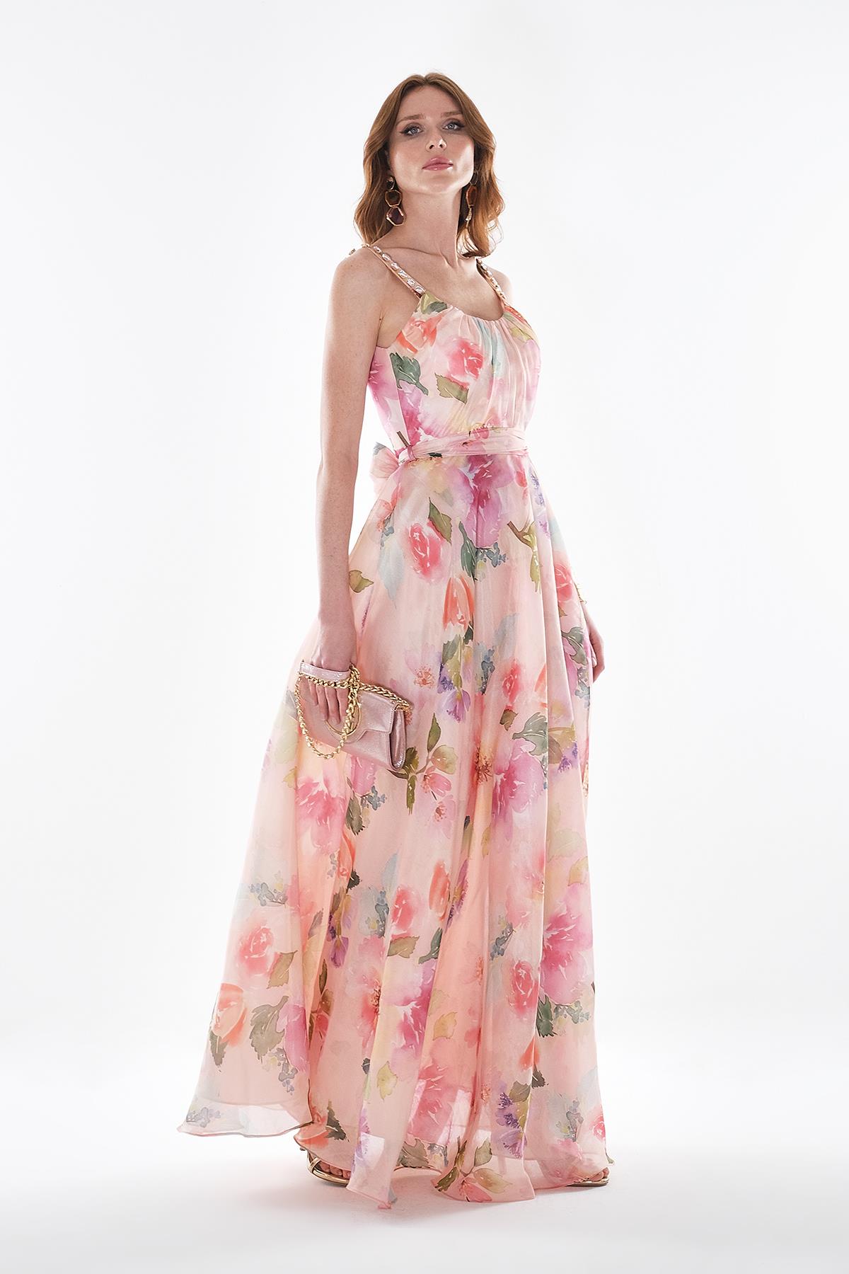 Desenli Organze Askısı Taş İşlemeli Abiye Elbise