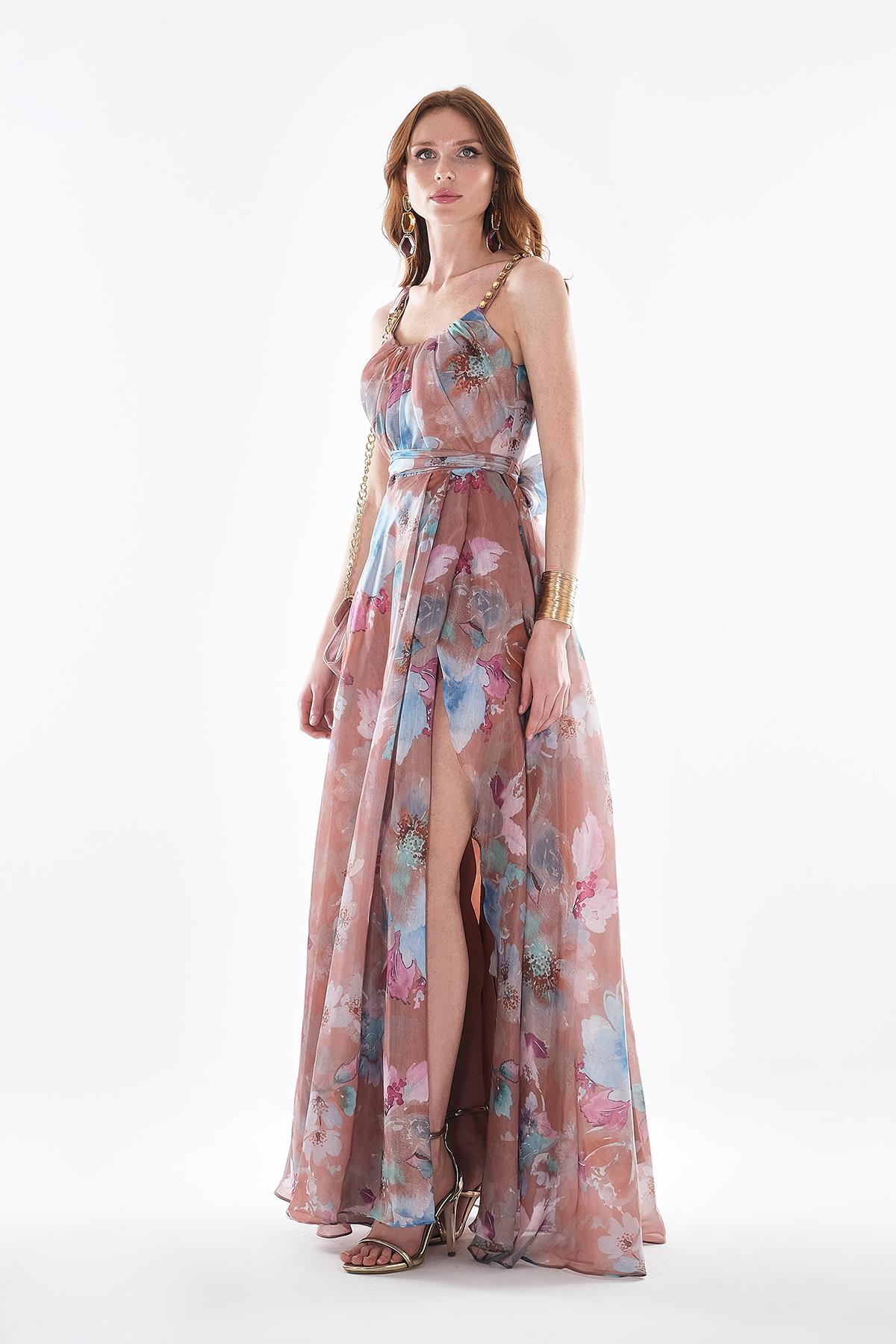 Desenli Organze Askısı Taş İşlemeli Abiye Elbise