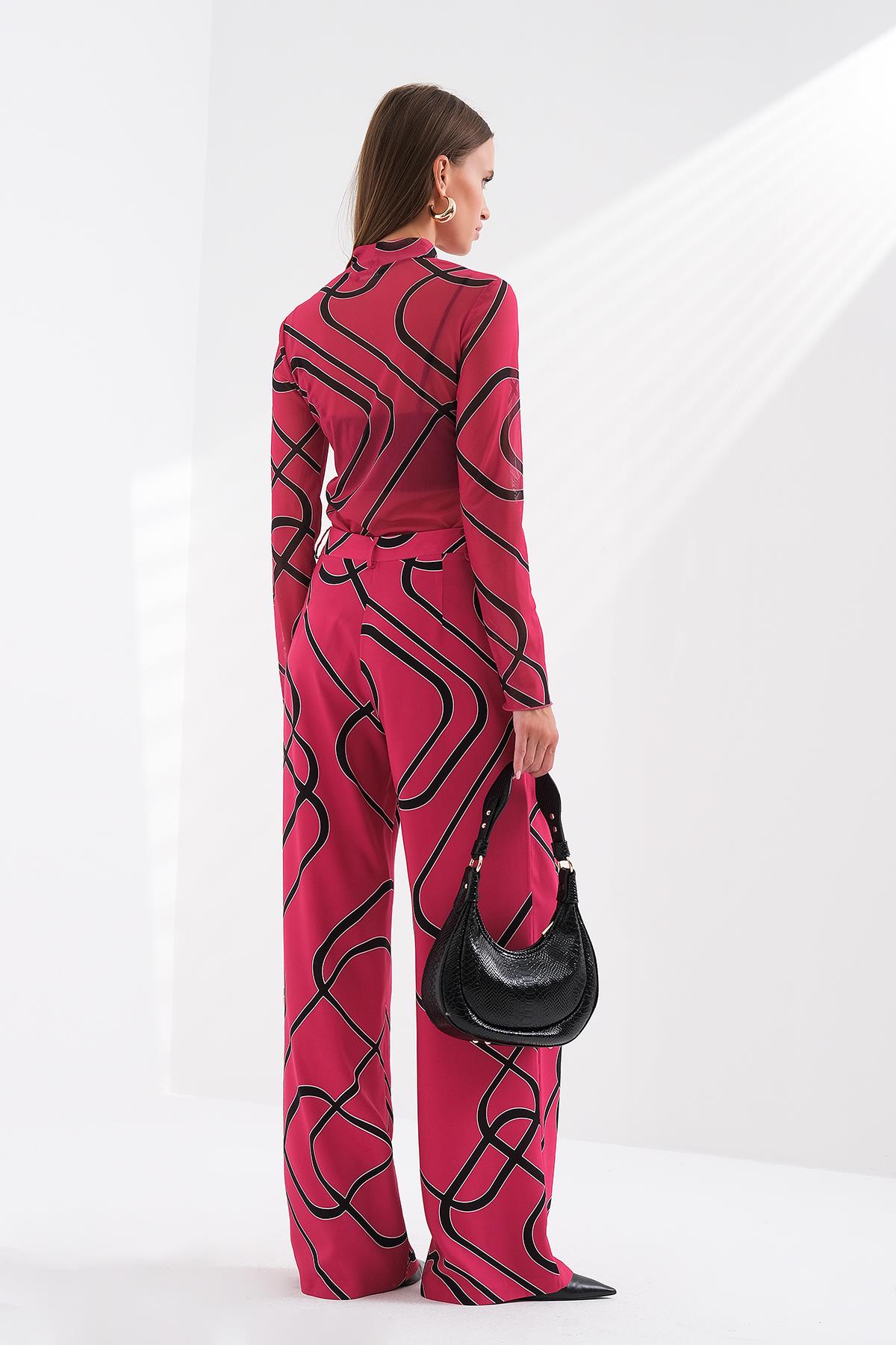 Desenli Pileli Yüksek Bel Pantolon